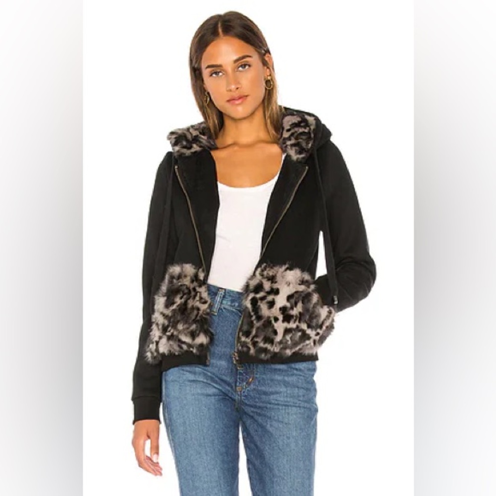 Revolve Jocelyn Black Zip Up Teddy Jacket Removable Longhair Rabbit Fur Hoodie